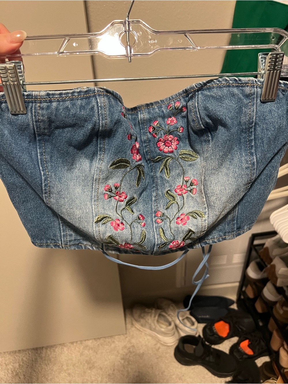 Edikted Blue Denim Embroidered Floral Crop Top